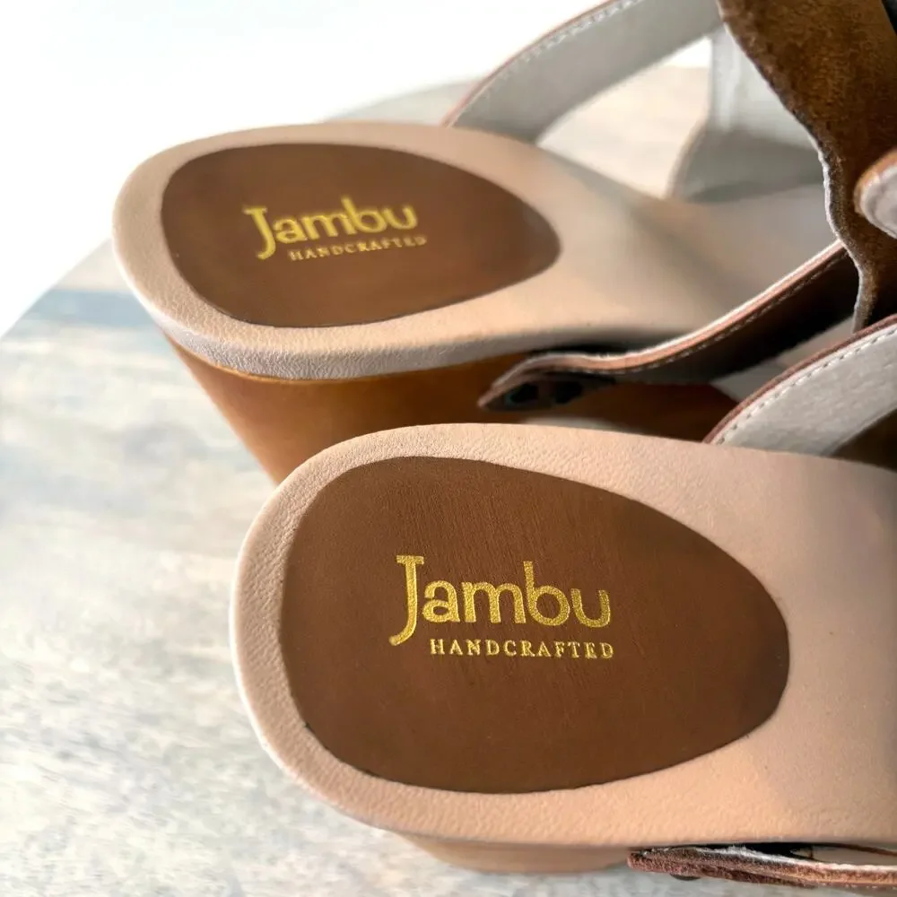 Jambu Handcrafted Suede Wood Platform Sandals Women's Size 8 Brown Peep Toe - Picture 9 of 13